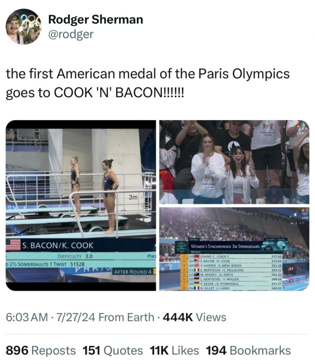 online advertising - Rodger Sherman the first American medal of the Paris Olympics goes to Cook 'N' Bacon!!!!!!!! S. BaconK. Cook Difficulty 30 2 Somersaults 1 Twist 51528 3m After Round 4 Women'S Spand 72724 From Earth Views 896 Reposts 151 Quotes 11K 19